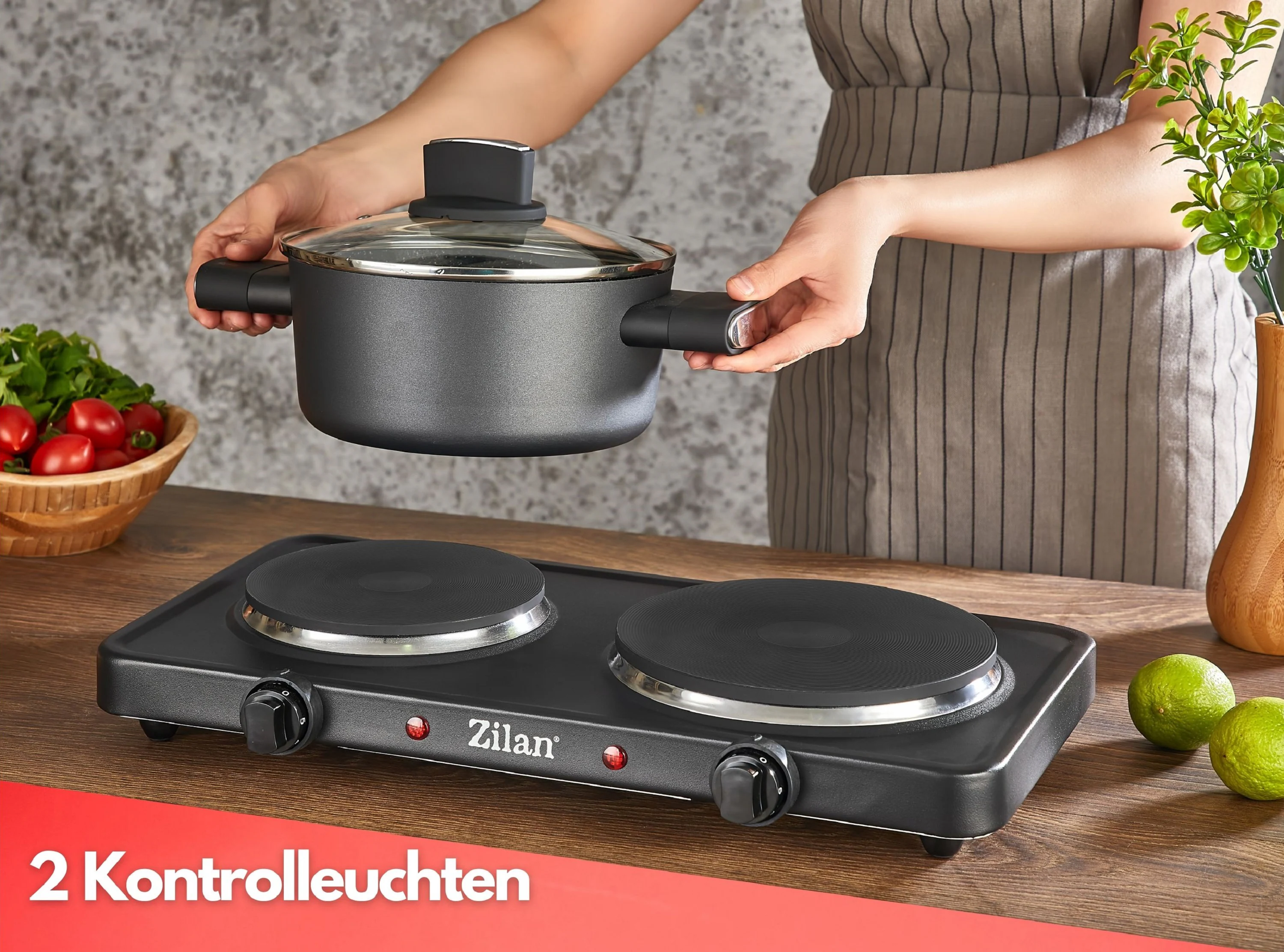 Zilan Doppelkochplatte schwarz 2250W Robust Camping geeignet 5 Stufen