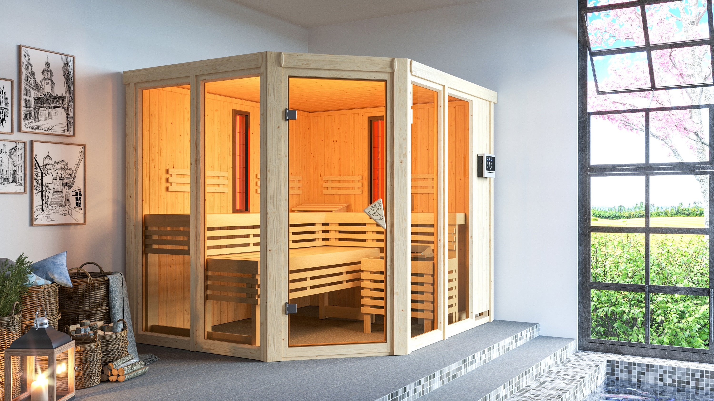 Karibu Infrarot Kombisauna Lene plus mit 9kW Bio-Ofen, Steuergerät und Infrarotstrahlern naturbelassen