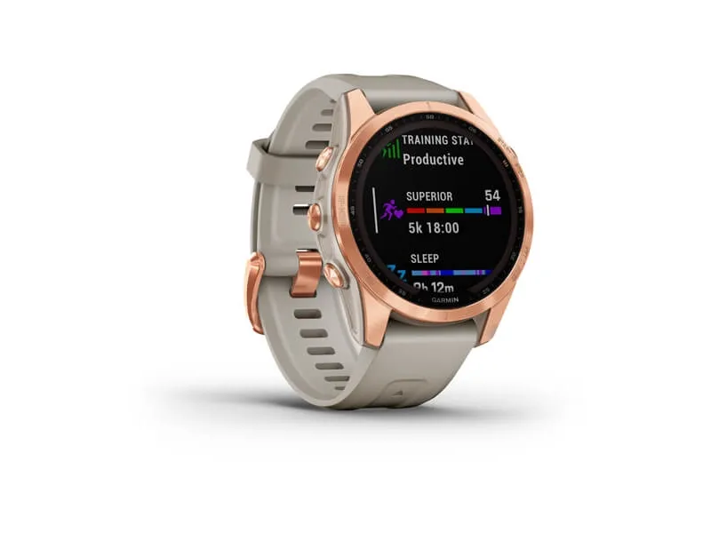 [OUTLET] - Garmin fenix 7S Solar - 42 mm - roseguld - sportsur med bånd - silikone - lyst sand - håndledsstørrelse: 108-182 mm - display 1.2