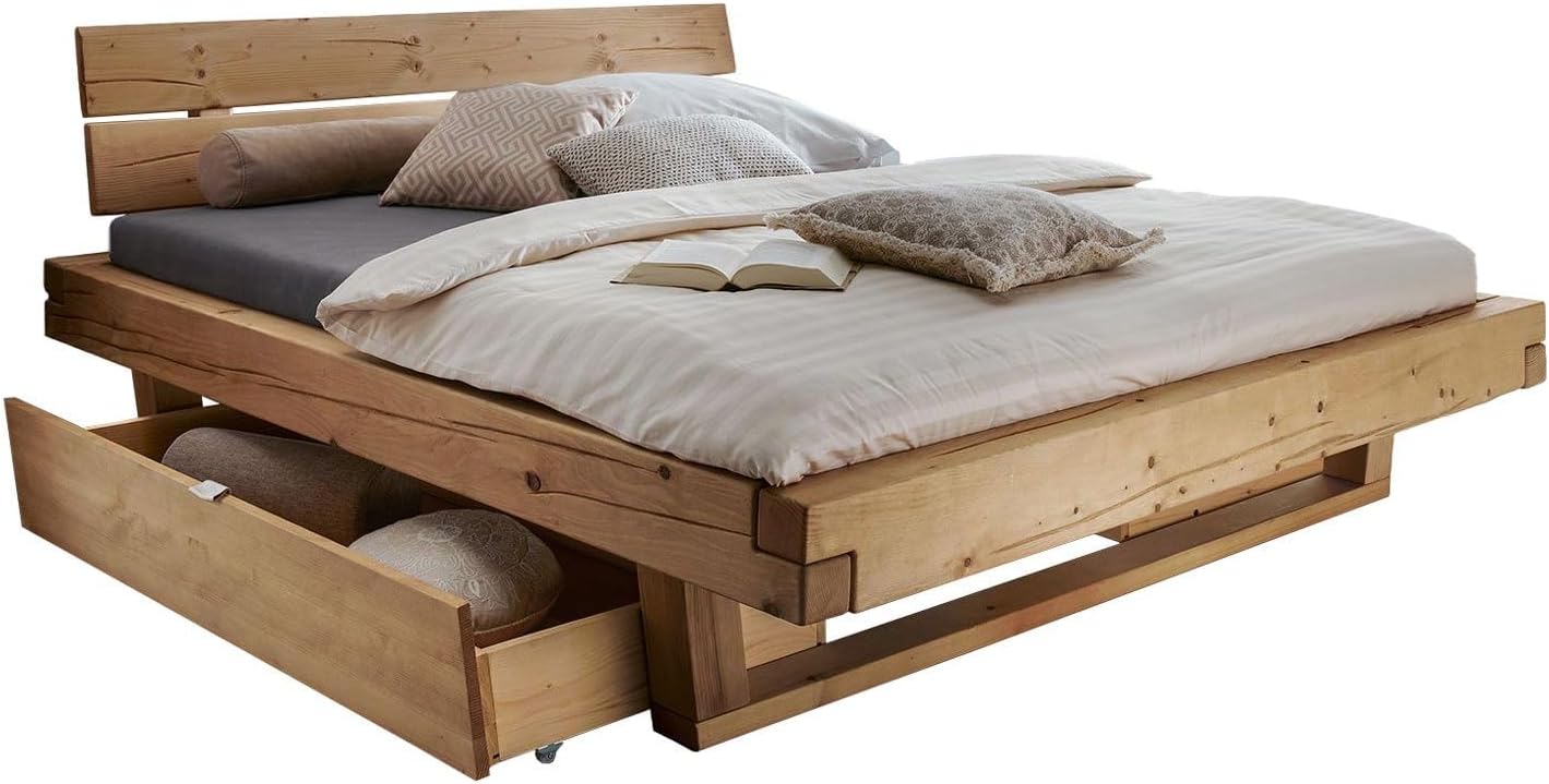 Barup Balkenbett Massivholz 180x200 cm Fichte geölt Schubkästen Komforthöhe Naturholz Kufenbett, Belastbarkeit: 200kg, Bettgestell