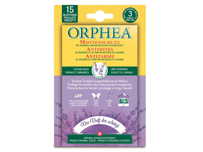 Orphea Mottenschutz Lavendelduft 15 Blättchen Mottenabwehr mit Geraniol und natürlichem Duft nach Blüten