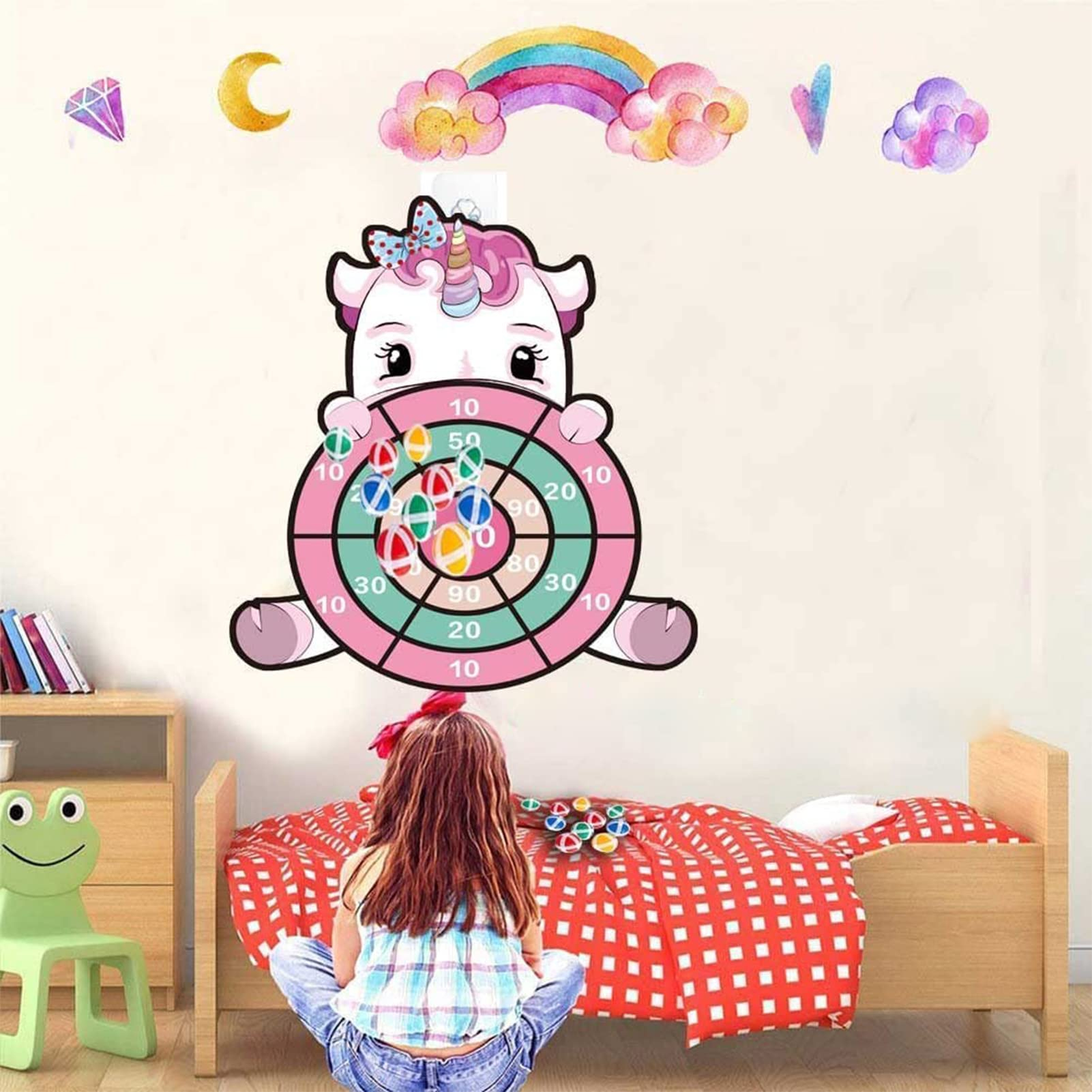 (7-tlg. Set) Kinder Filz Dart Spiel Klett Dartscheibe Unicorn Wurfspiel inkl. Bälle - Einhorn