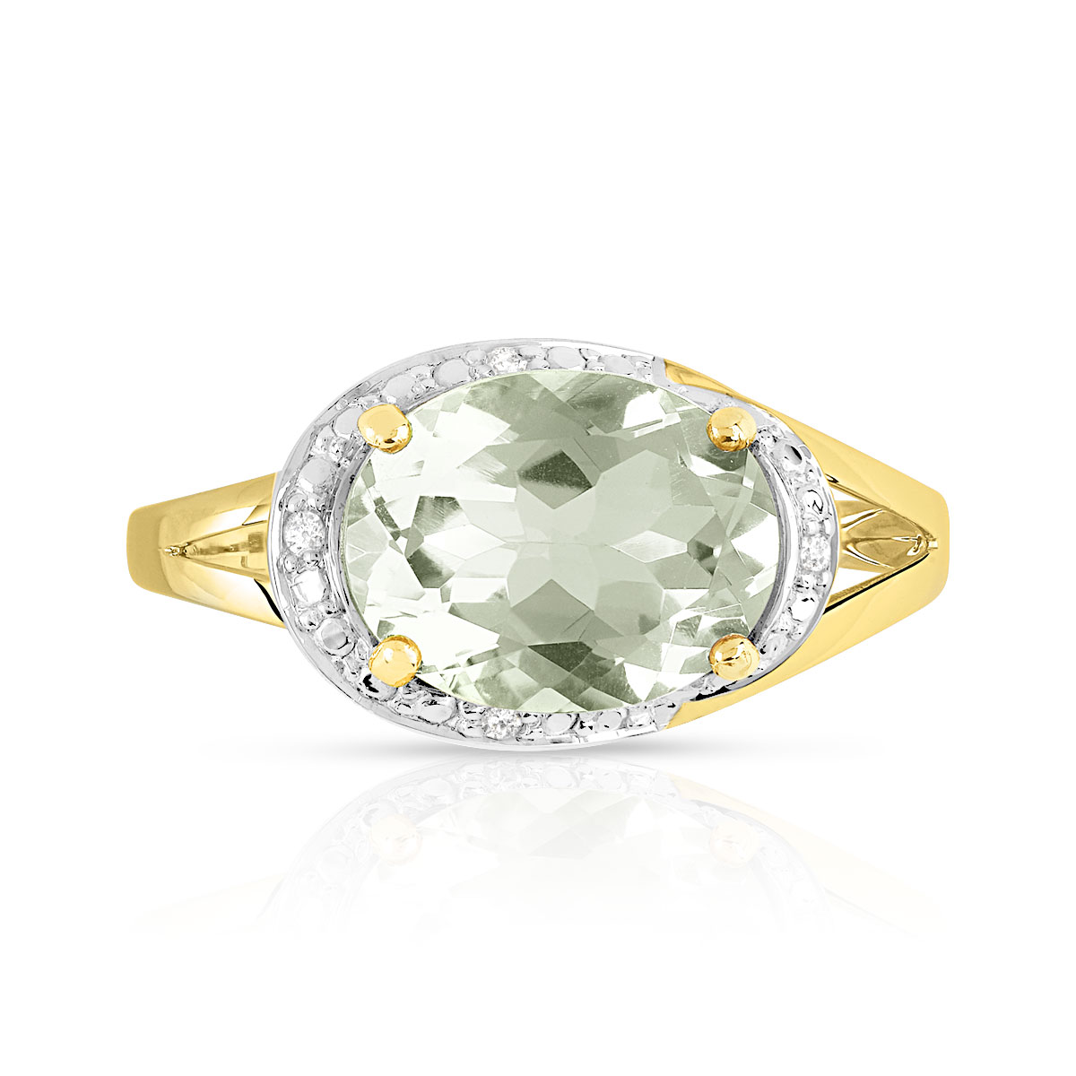 Bague or 375 2 tons quartz vert ovale et diamants