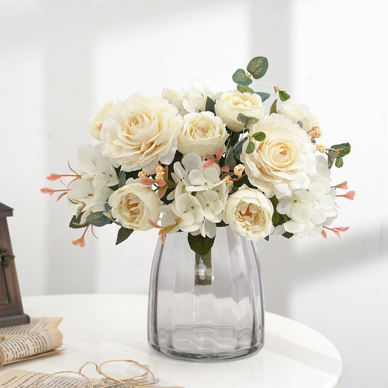 (30cm) Deko Kunstblumen Rosen Blumenstrauss - Weiss