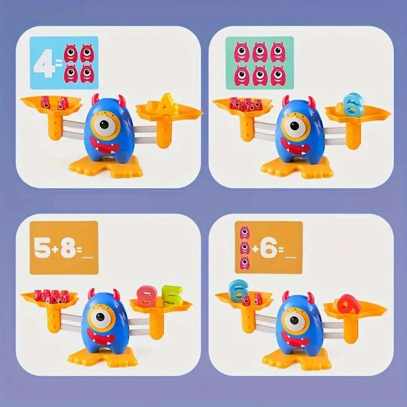 (90-tlg. Set) Kinder Mathematik Spiel Waage Balance Monster Rechenaufgaben Lern Spielzeug für Addition inkl. Aktionskarten