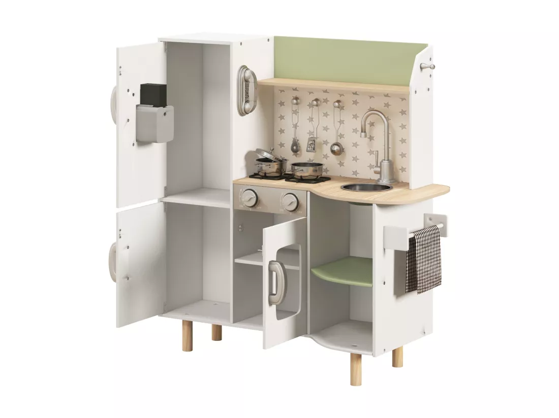 Cuisine pour enfant jeu d'imitation nombreux accessoires rangements évier réfrigérateur téléphone four blanc bois vert