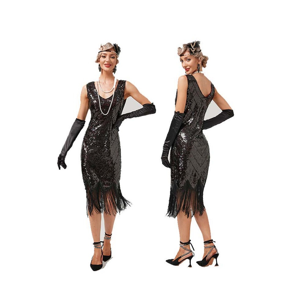 (Gr. M) Fasnachts Erwachsenen Kostüm Pailletten Flapper Kleid mit Fransen 20er Jahre Verkleidung für Motto Partys / Halloween - Schwarz