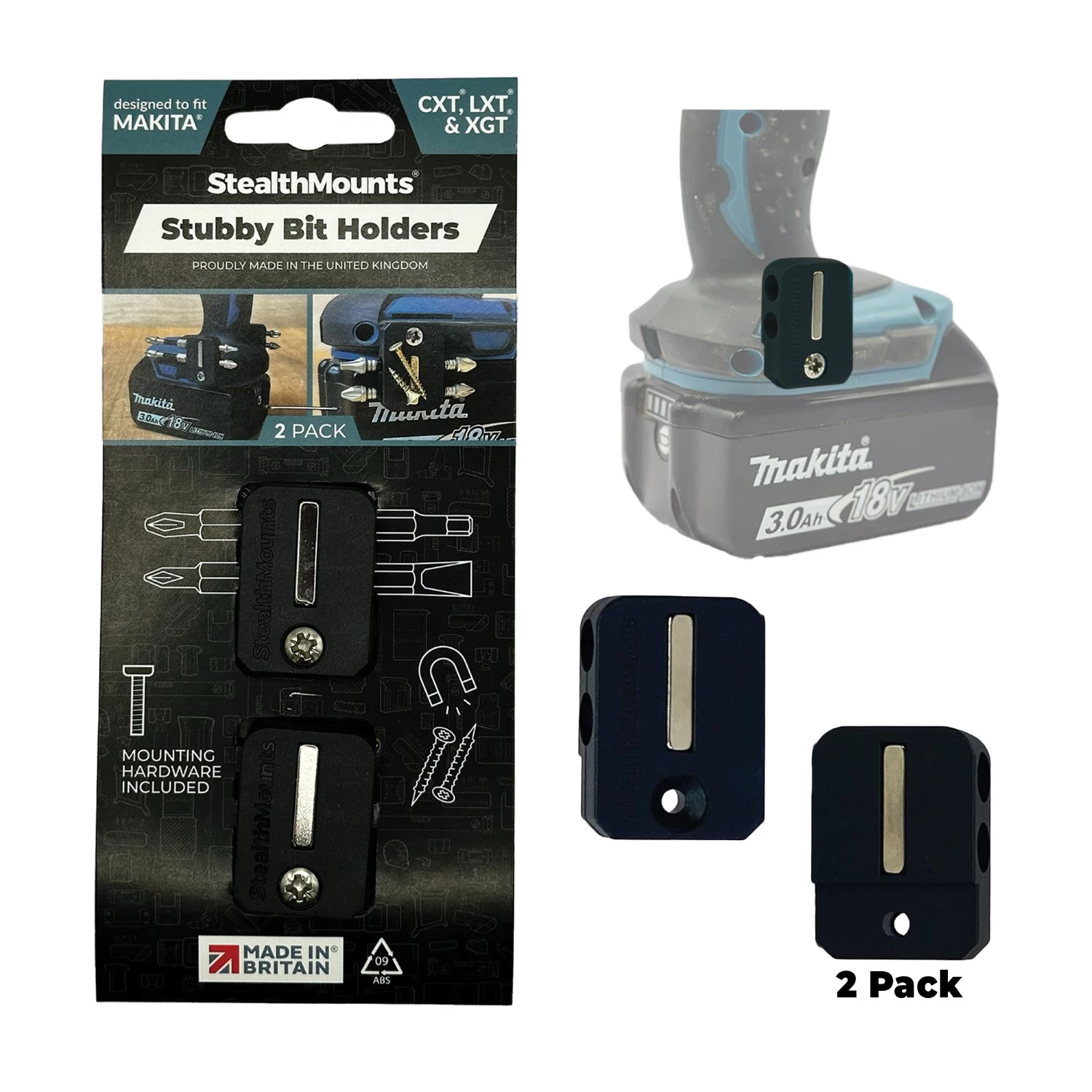 StealthMounts BH-MK-S-BLK-2 BLACK Stubby magnetische bithouder voor Makita - Zwart - 2-pack