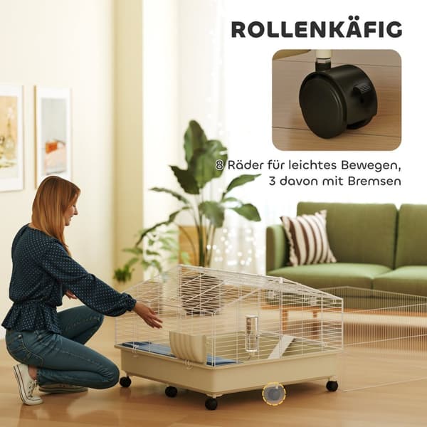 Smådyrbur med lekegrind, kaninbur, smådyrbur med vannflaske, høyfôring, matskål, rampegnagerbur med hjul for marsvin og pinnsvin hvit Aosom