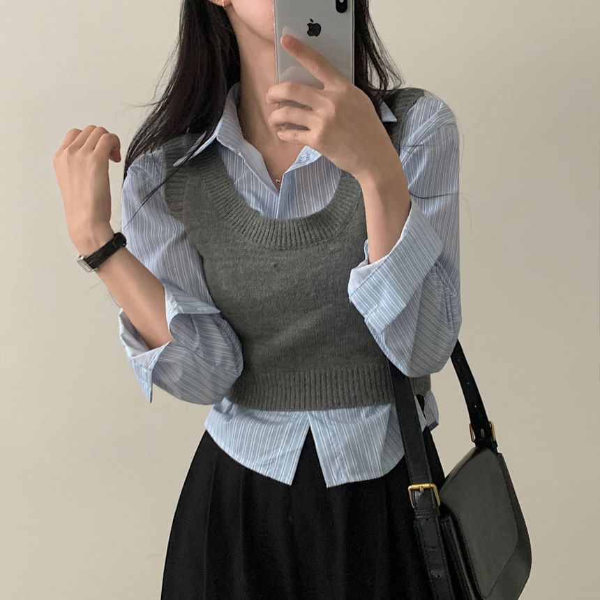 Maisee - Gestreept overhemd / Effen cropped trui-vest
