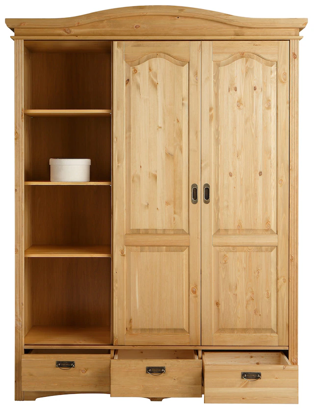 Home affaire Schiebetürenschrank »Konrad, Landhausstil, rustikal, mit Schubladen + Spiegel, Kassetten« 3 Breiten: 153/202/249 cm  H/T ca.207/64 cm,  massive Kiefer, FSC®-zertifiziert, Messinggriffe, mehrere Varianten