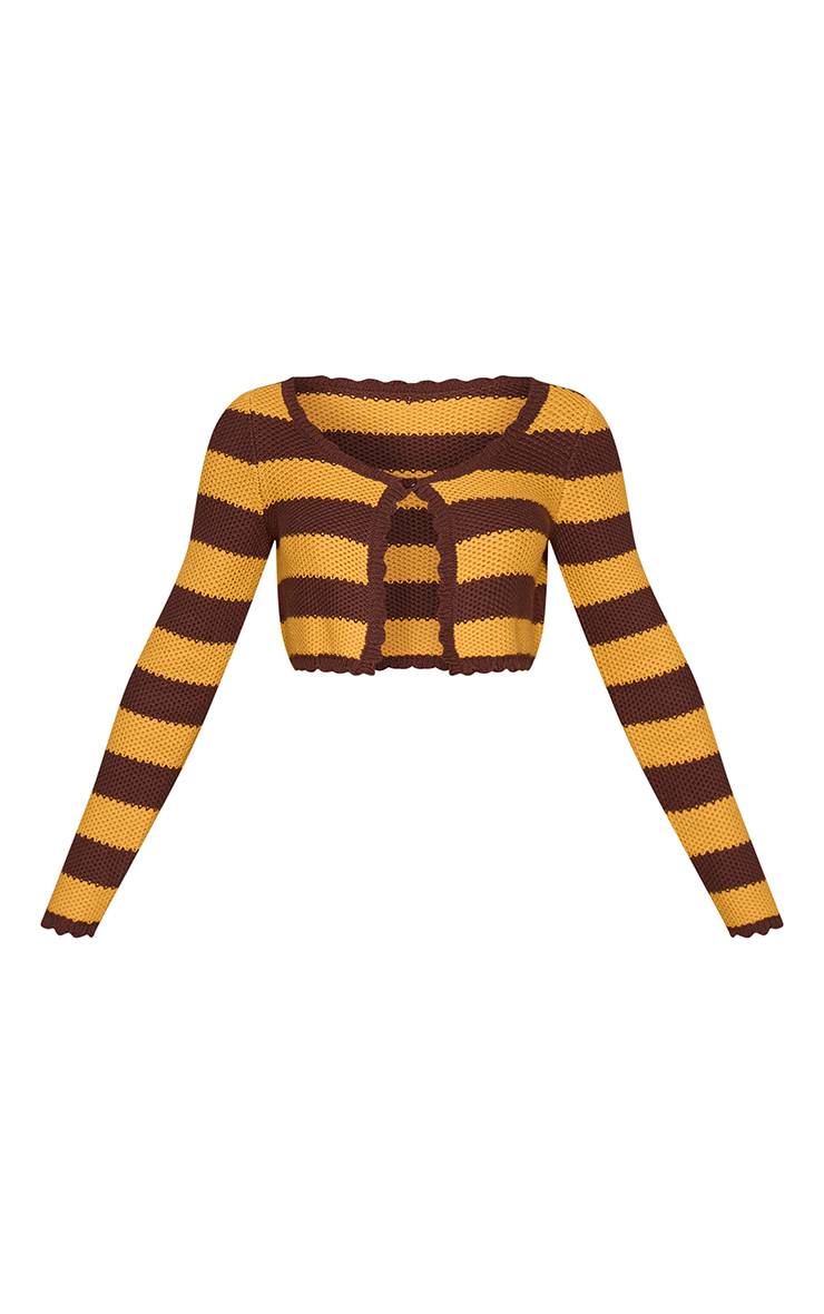 Kaki Cardigan Petite À Rayures Et Bords Festonnés Avec Boutons Et Manches Longues