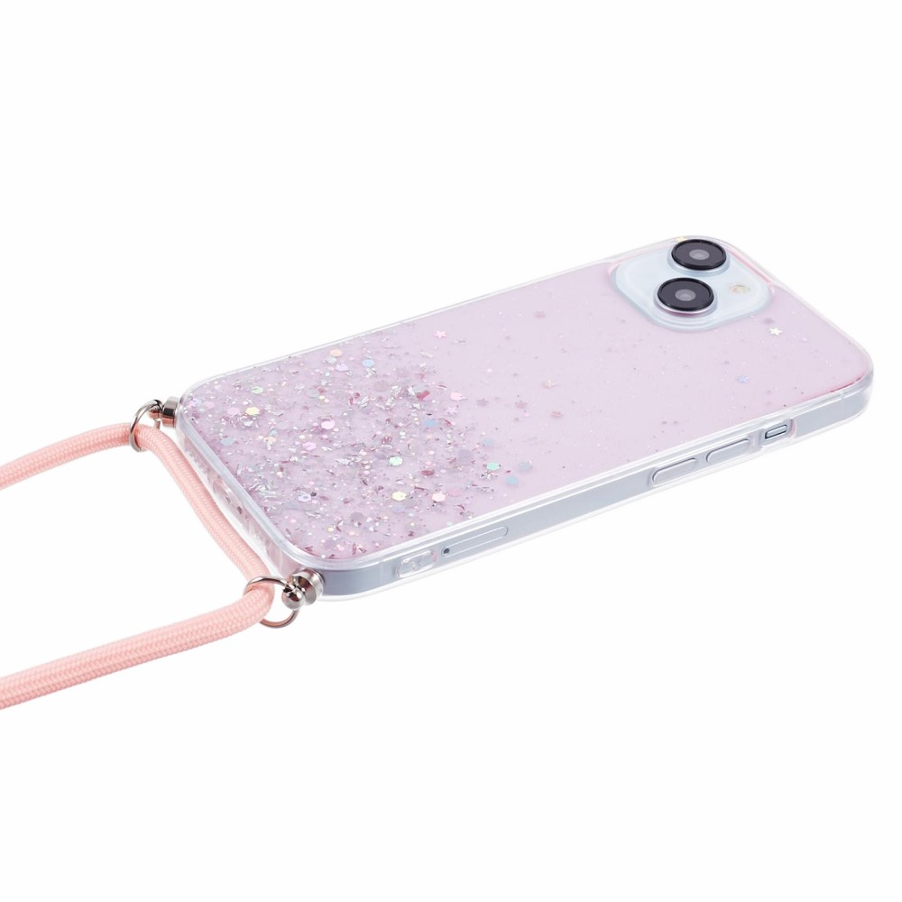 iPhone 15 Necklace Gummi Hülle im Glitzer Design   Handykette (140cm) - Rosa / Transparent