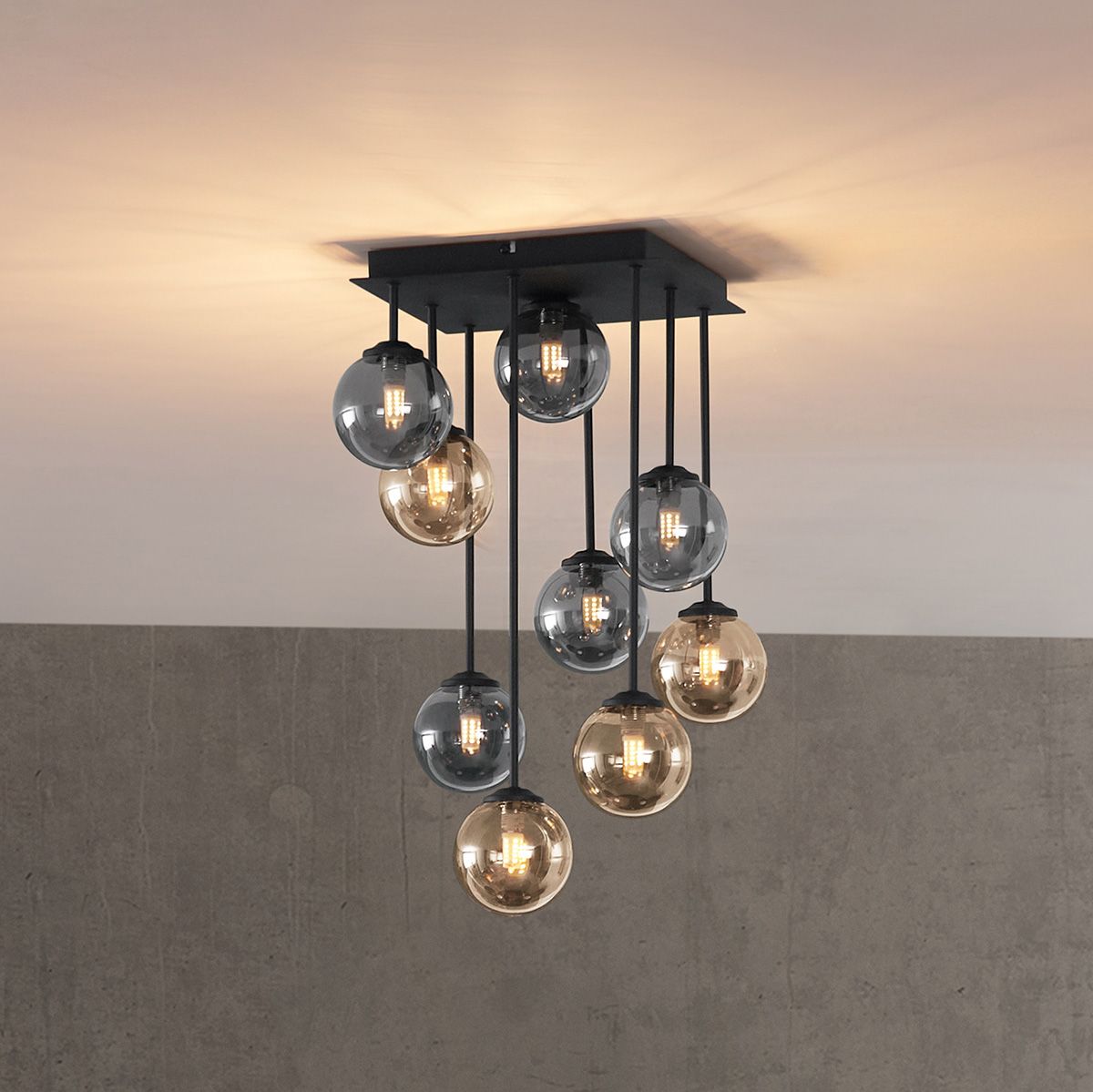 Moderne plafondlamp zwart met amber en smoke glas 9-lichts - Athens