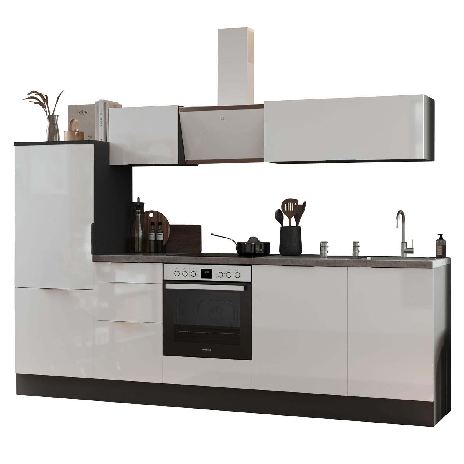 RESPEKTA Küchenblock - weiß Hochglanz - grau matt - mit E-Geräten - 280 cm