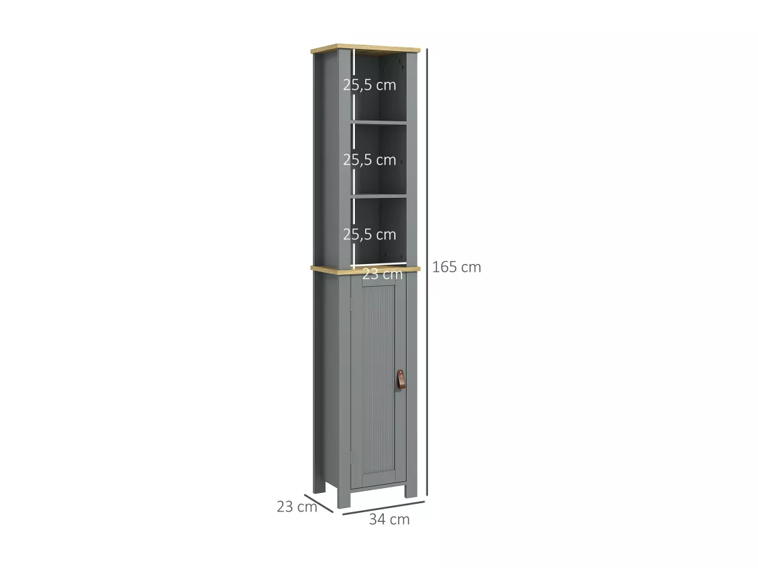 Meuble colonne rangement de salle de bain sur pied porte 2 étagères 3 niches aspect bois clair gris