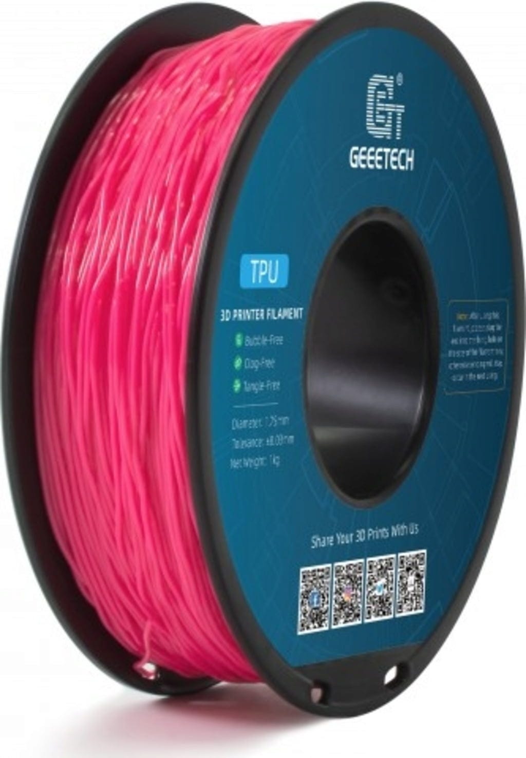 GEEETECH  TPU Transparent Pink, 1,75 mm / 1000 g    Weiches TPU-Material mit hoher Flexibilität & Belastbarkeit in Transparent Pink