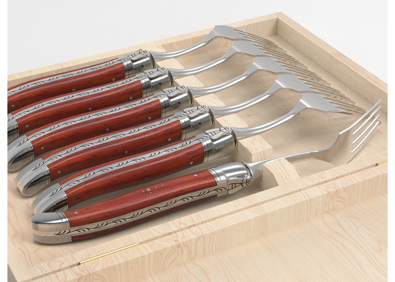 Service de 6 fourchettes Laguiole avec un manche en bois de corail et mitres en acier inoxydable