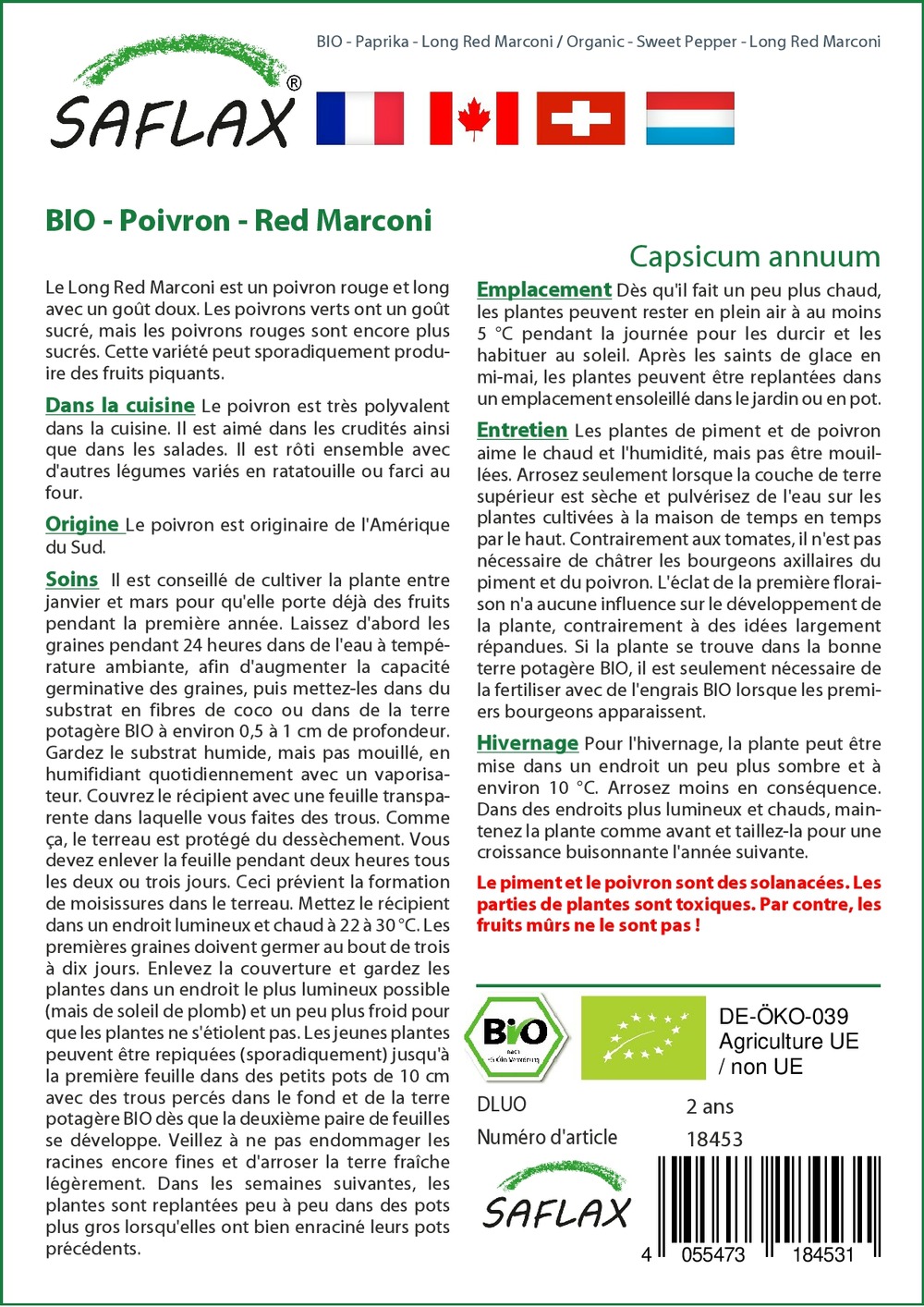 Jardin dans le sac - bio - poivron - red marconi - 20 graines - capsicum annuum