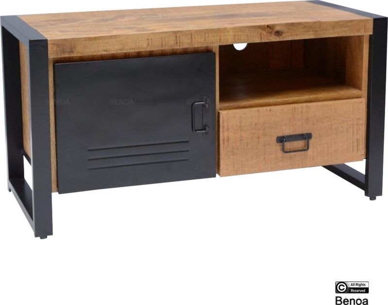 Bas - TV Meubel - Zwart - Staal en Mangohout - 1 Lade 1 Deur