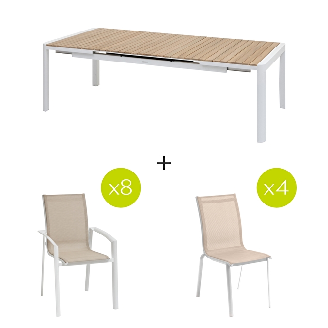 Ensemble table de jardin rectangulaire PARADIZE + 8 fauteuils et 4 chaises AXANT Blanc