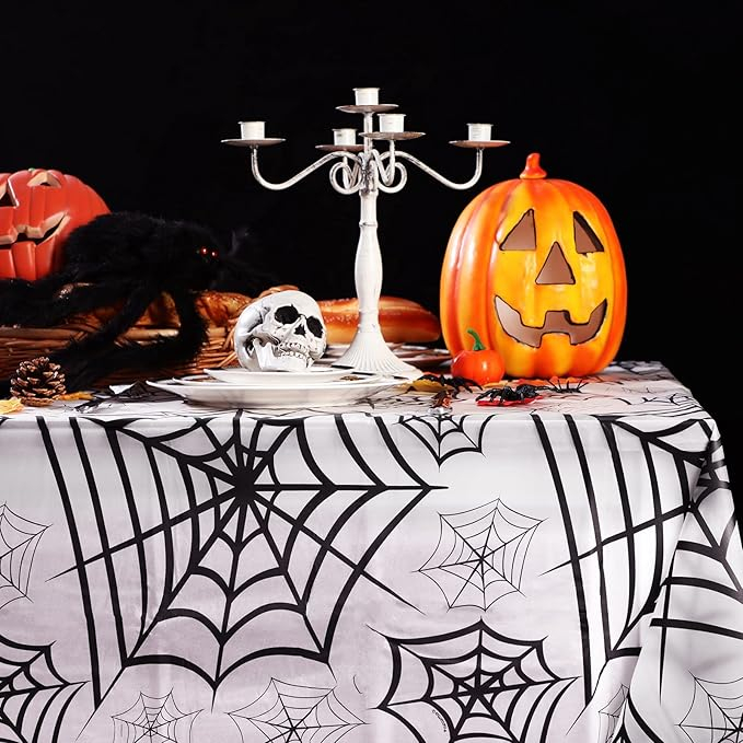 (135x270cm) Halloween Party Tischtuch Wasserabweisende Spinnennetz Tischdeko - Weiss / Schwarz
