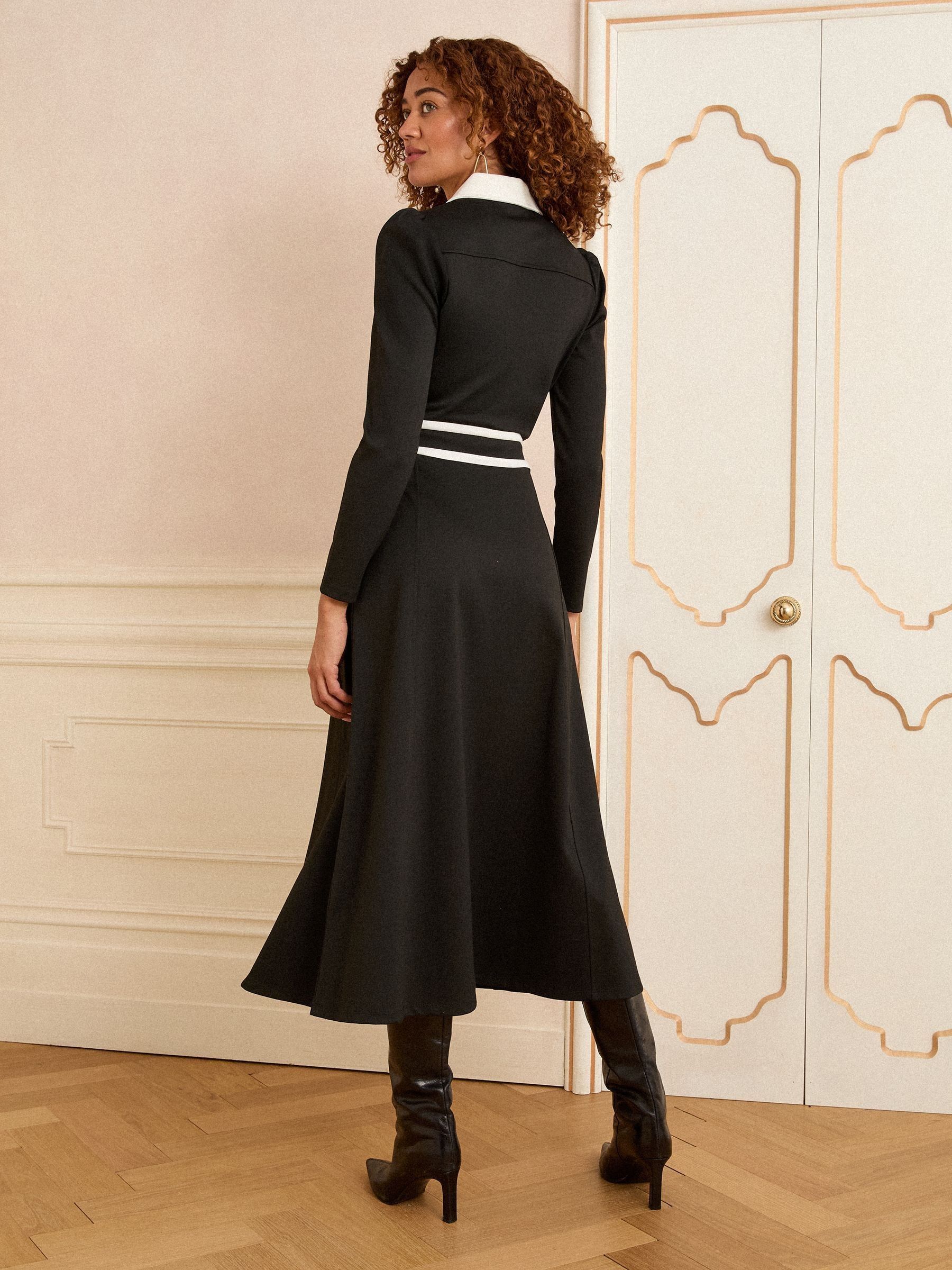 Zwart - Love & Roses Ponte midi-jurk met contrastrand en rits aan de voorkant en lange mouwen