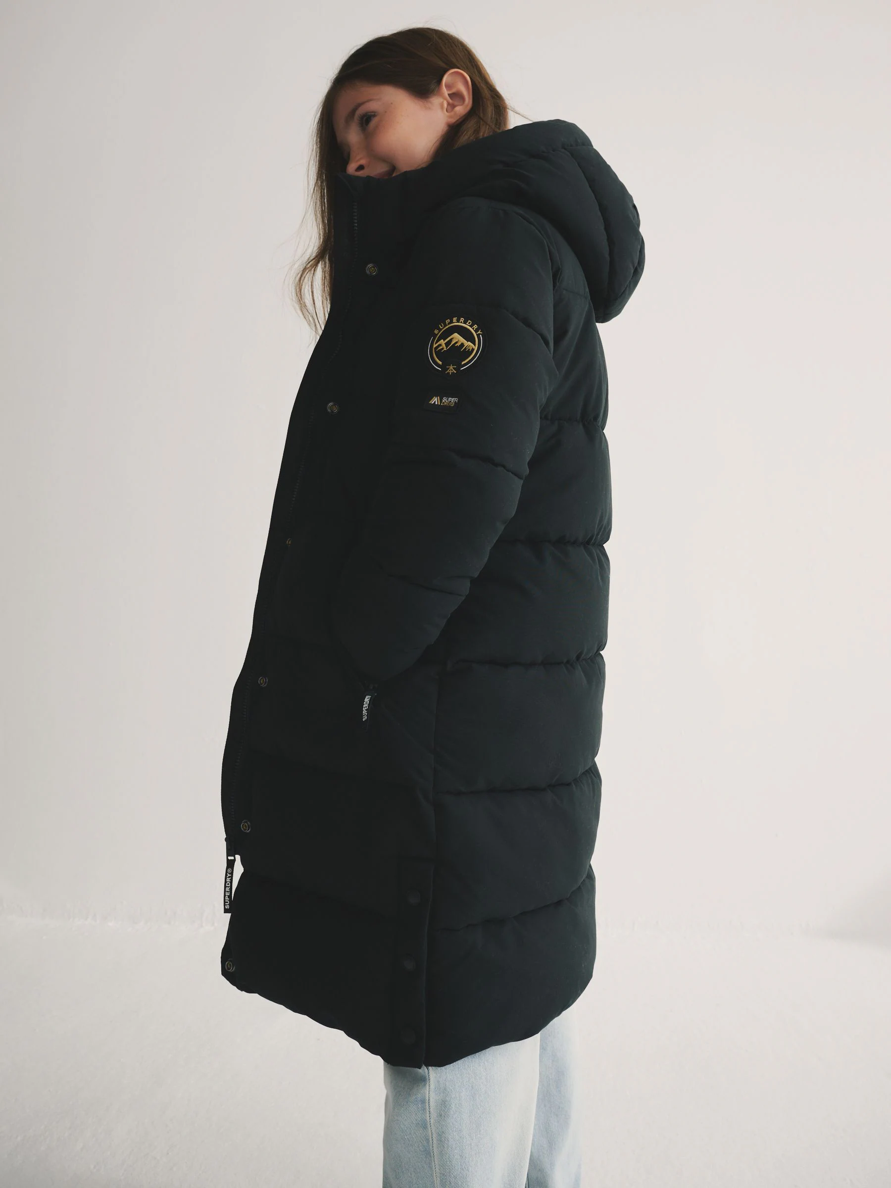 Zwart - Superdry - Lange gewatteerde jas