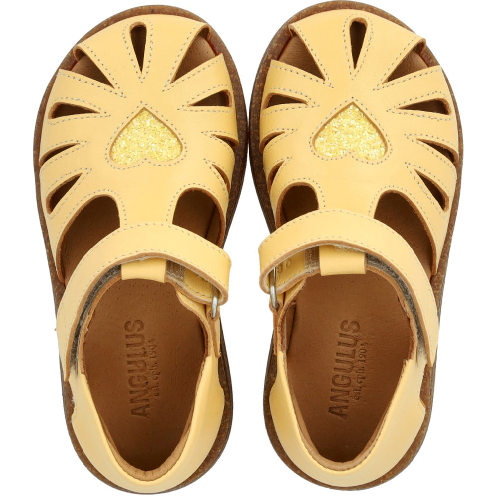 Køb Angulus Mellow Yellow/Pineapple Glitter Hjertesandal I Læder Med Funklende Glitterhjerte