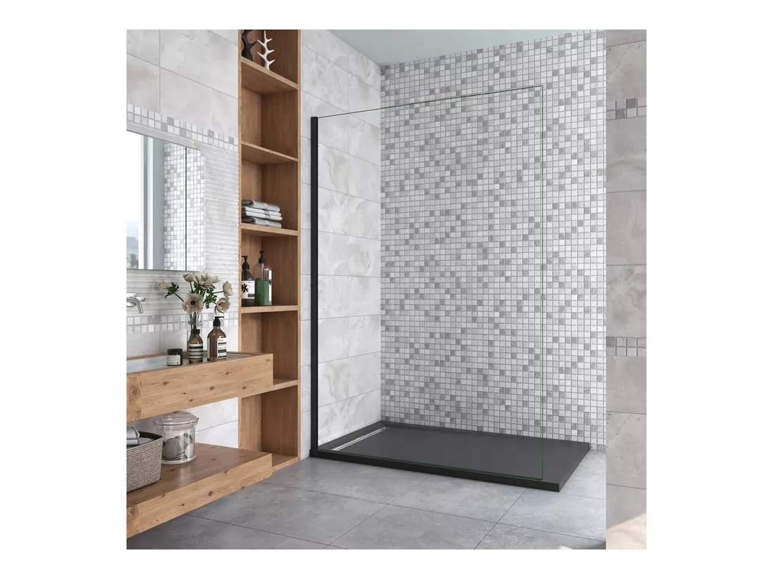 Paroi de douche fixe à l'italienne 140x200cm - Noir Mat - Verre 8mm anticalcaire, sans barre de fixation