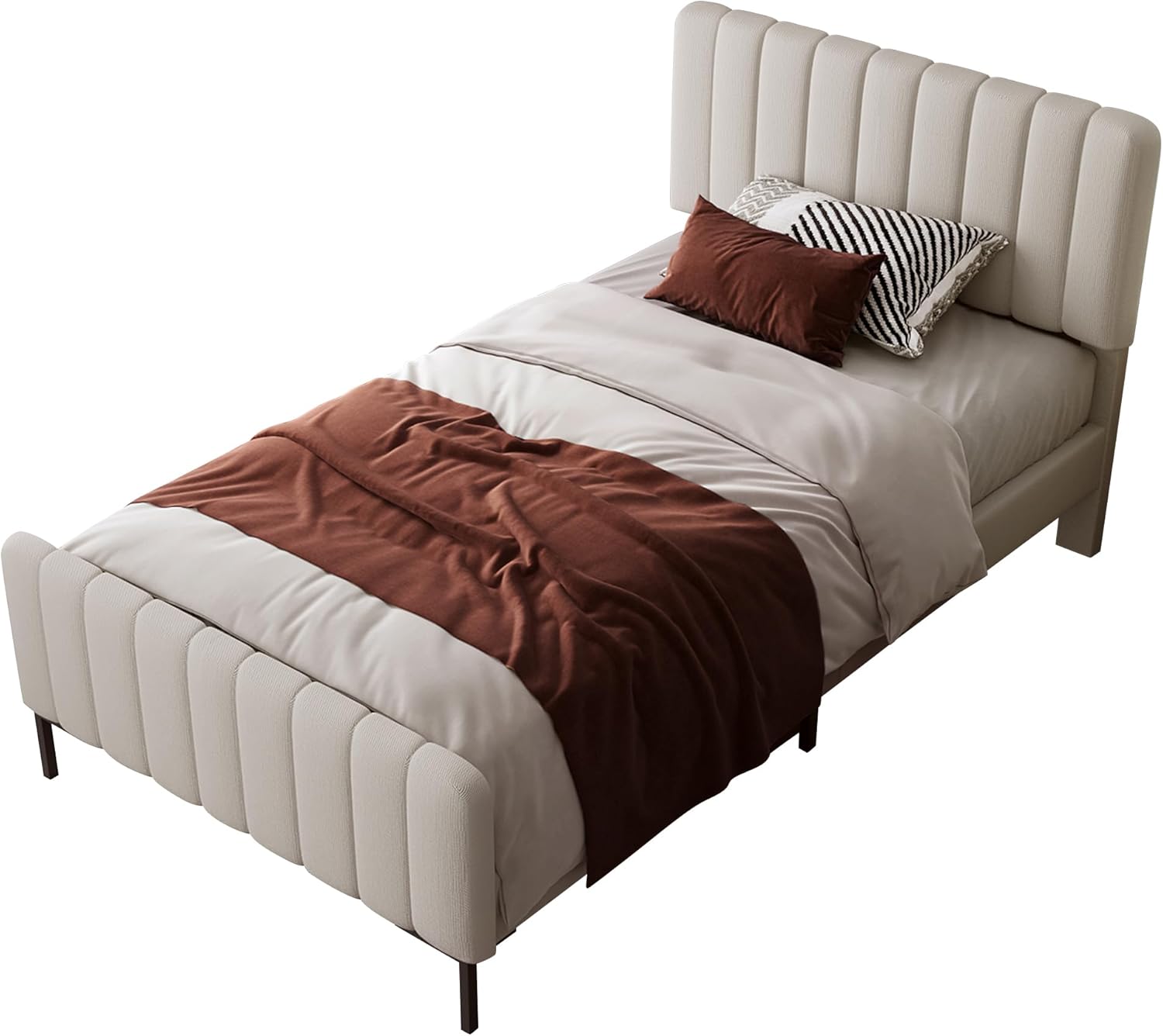 SogesPower 90x200 cm Polsterbett, Einzelbett mit höhenverstellbarem Kopfteil, Modernes Design in Grau-Beige, Inkl. Klettbefestigung & Metallgestell