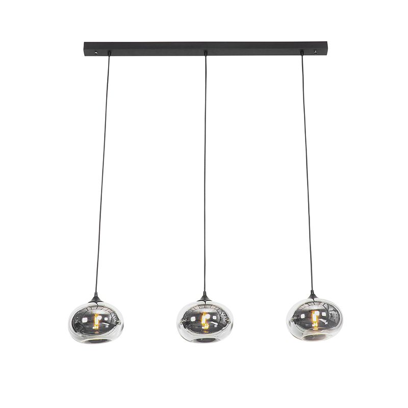 Art Deco hanglamp zwart met glas smoke langwerpig 3-lichts - Busa