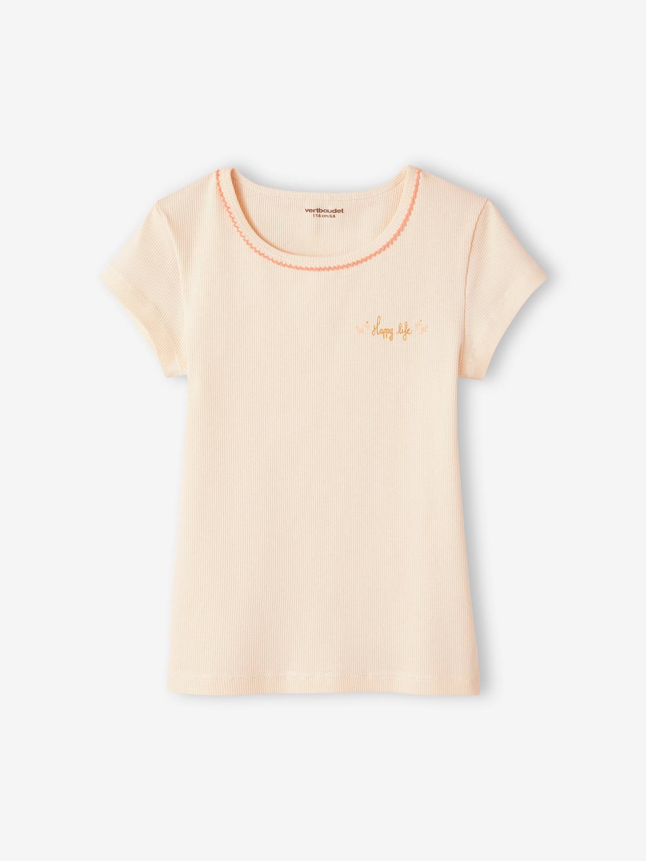 Conjunto de 3 camisetas de manga curta caneladas com estampas de fantasia para meninas na cor nude.