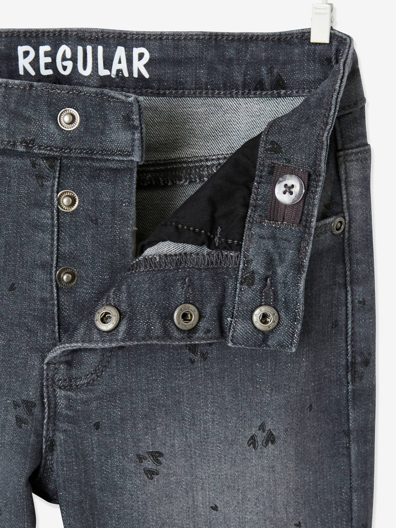 Calça jeans reta com detalhes desgastados, para menina, lavagem azul média