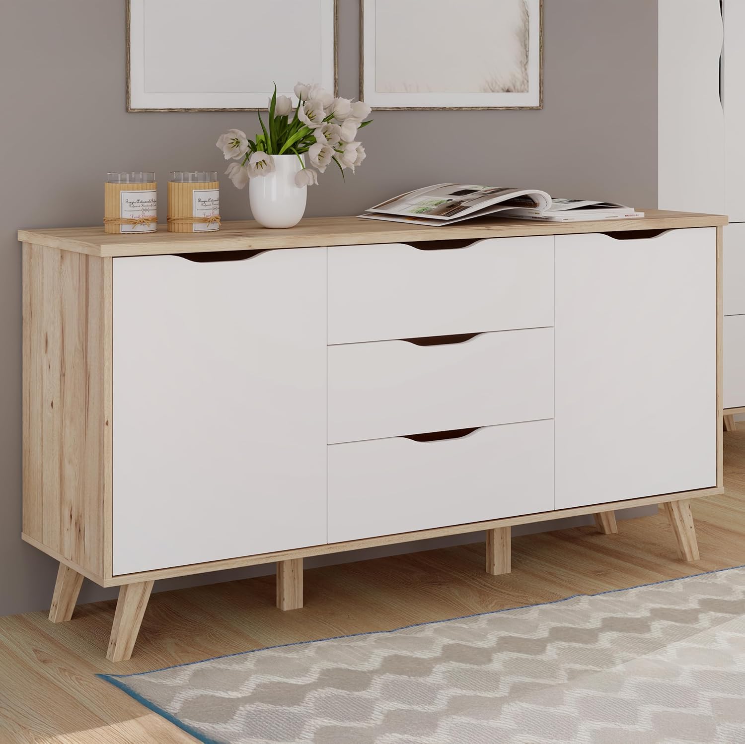 Forte VANKKA Kommode 150, Moderne Kommode mit 3 Schubladen und 2 Türen, Holzwerkstoff, Planked EicheDekor/Weiß, 149,4 cm breit, 76,7 cm hoch, 42 cm tief