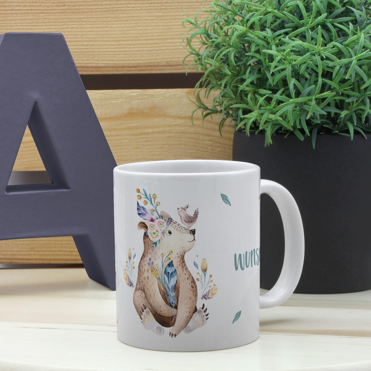 Personalisierte Panorama-Tasse, weiß (Motiv: Bär)