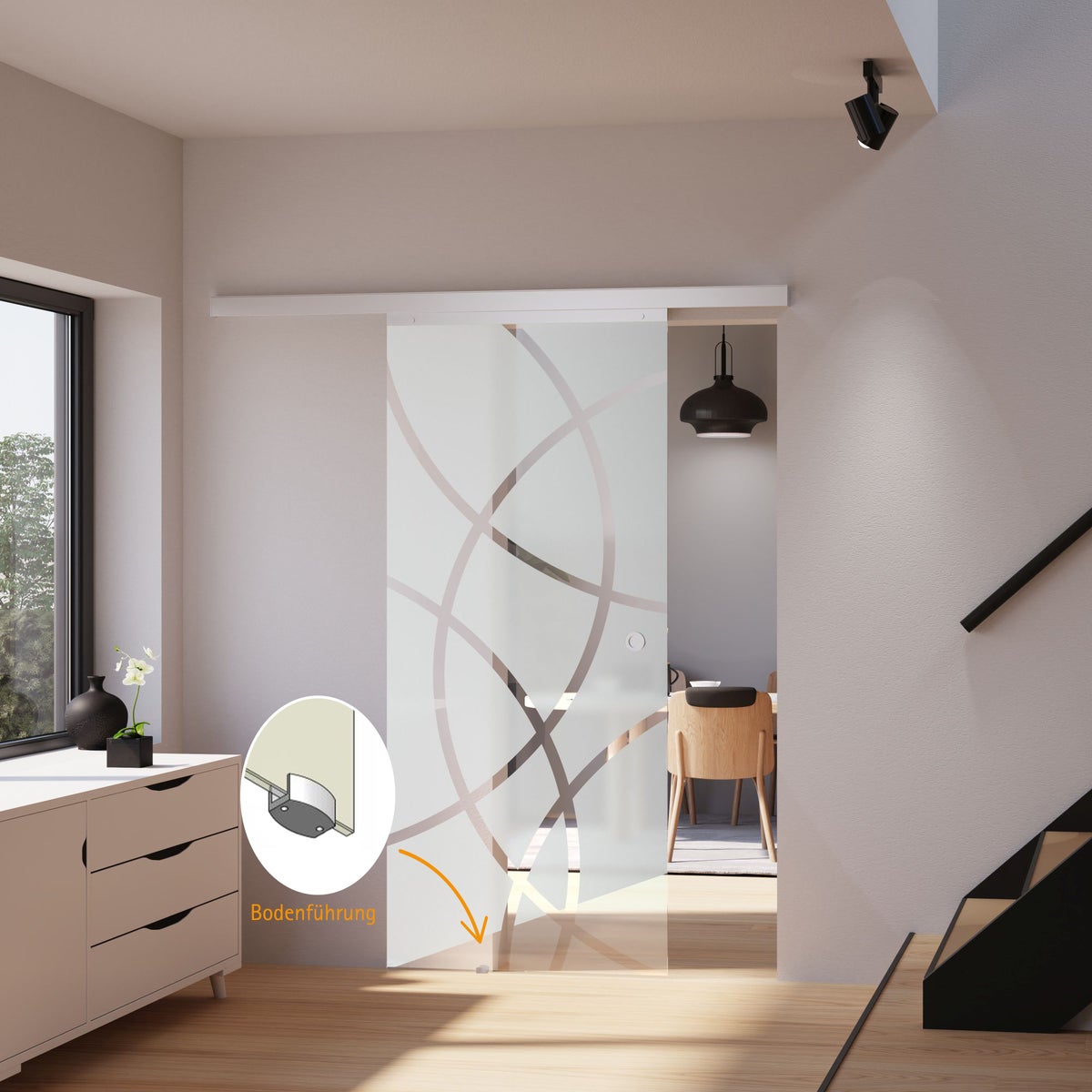 Glazen schuifdeur met cirkels, 880 x 2035 mm, binnendeur, glazen schuifdeursysteem - kruk + 2-zijdige softclose