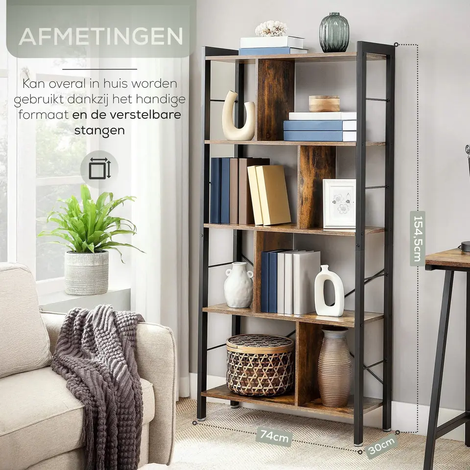O'DADDY Industrieel Boekenkast - 74x30x150cm - Vintage Bruin/Zwart Metaal