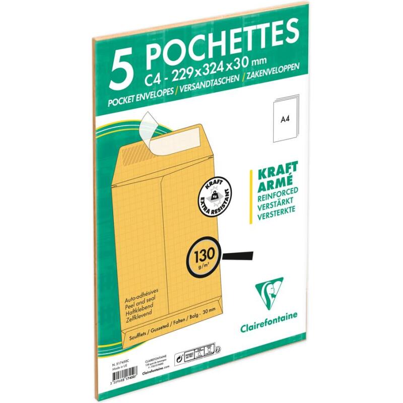 Paquet de 5 Pochettes Kraft Armé Brun C4-229x324 mm avec Soufflet de 30 mm - Auto-Adhésives - 130g/m2 - Kraft