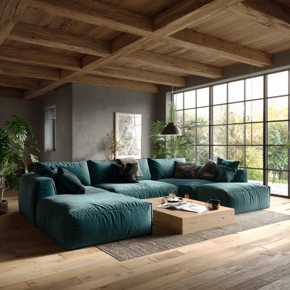 Modernes Ecksofa-Set Stoffpolster 350x200x85 cm – Dunkelgrün