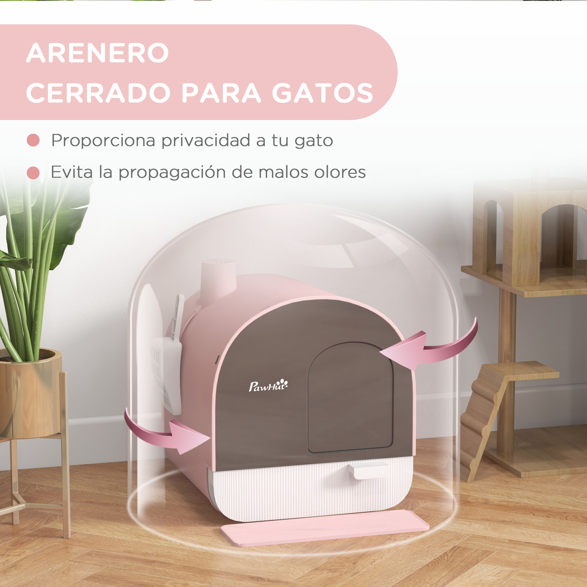 Caixa de areia para gatos PawHut, fechada com porta frontal, bandeja removível, pá, tapete e filtro, 43x44x47 cm, rosa.