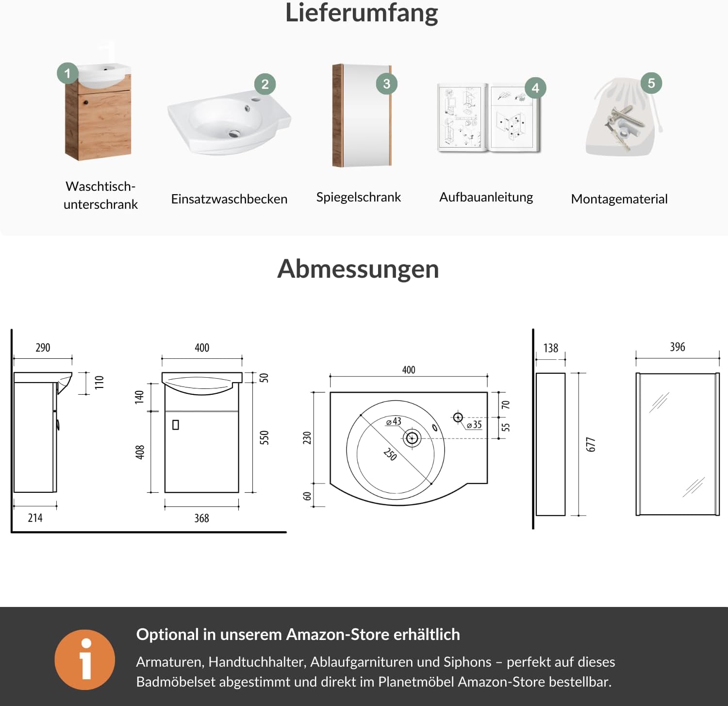 Planetmöbel Badmöbel Set Waschtisch mit Unterschrank 40 x 60 x 29 cm mit Spiegelschrank 40 cm für Badezimmer, Gäste WC & Bad, Gold Eiche