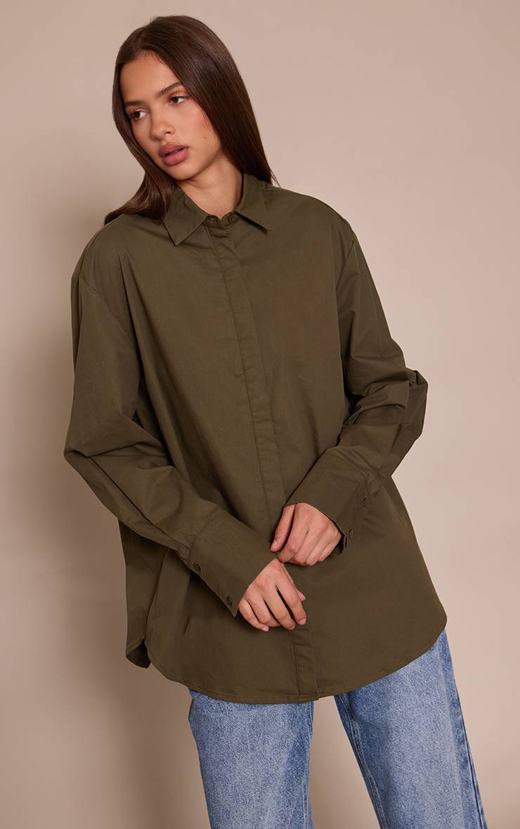 Dark Khaki Chemise En Coton À Poignets Surdimensionnés