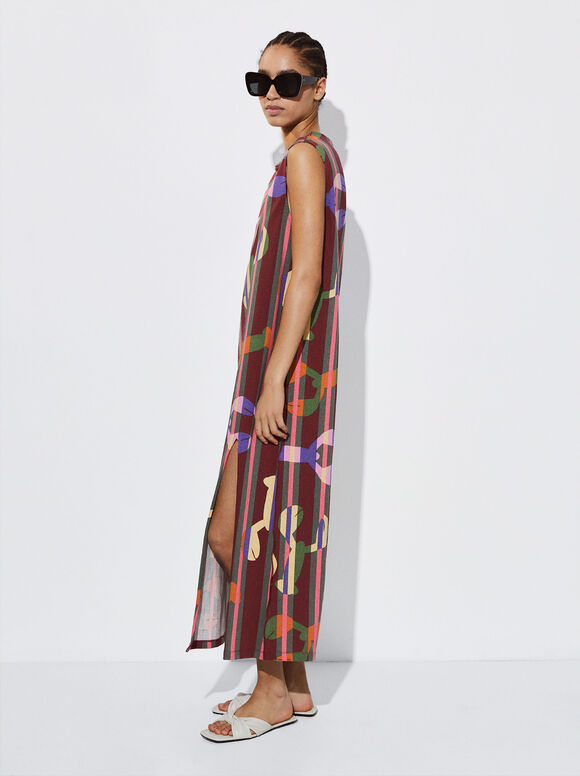 Vestido midi estampado - Bordô