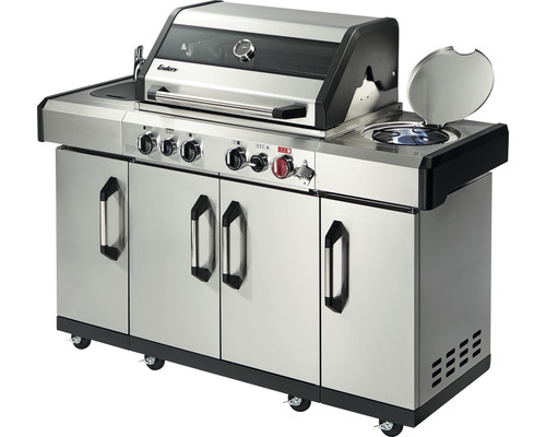 Enders Kansas II Pro 4 SIK Profi Turbo gasbarbecue, 153 x 64 x 118 cm, 4 branders + achterbrander + zijbrander, zilverkleurig, inclusief dekselthermometer, vetopvangbak, grillrooster, krachtige verwarmingszone, warmhoudrek, zijplateau.