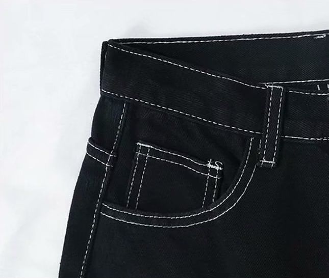 Hanji - Hoge taille contrasterende gestikte losse jeans