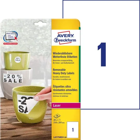 Avery Zweckform L4775-20 Wetterfeste Folien-Etiketten, 210 x 297 mm, 20 Bogen/20 Etiketten, weiß