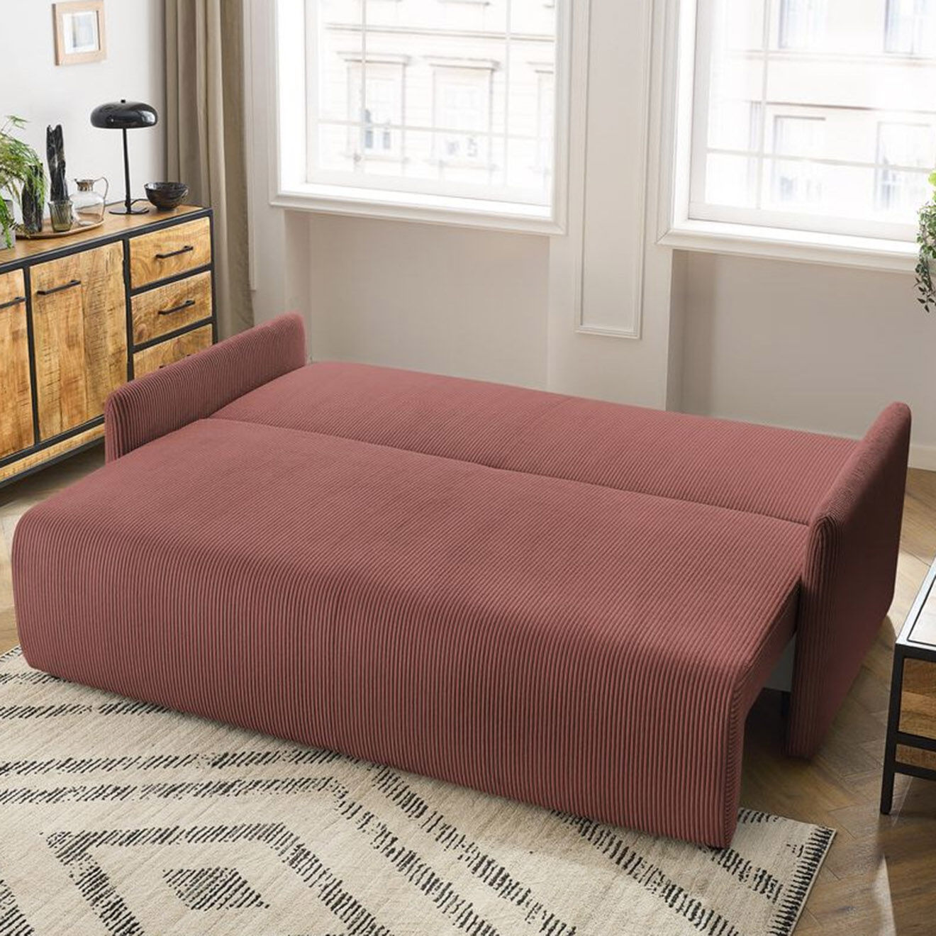 Bobochic Canapé convertible coffre marcel velours côtelé rose  - 211x100x86 cm