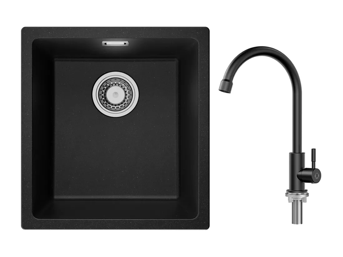 Evier 1 Bac en Quartz et Résine, 3 Options de Montage, 40*44*20cm + Robinet de Cuisine à eau Froide,Noir