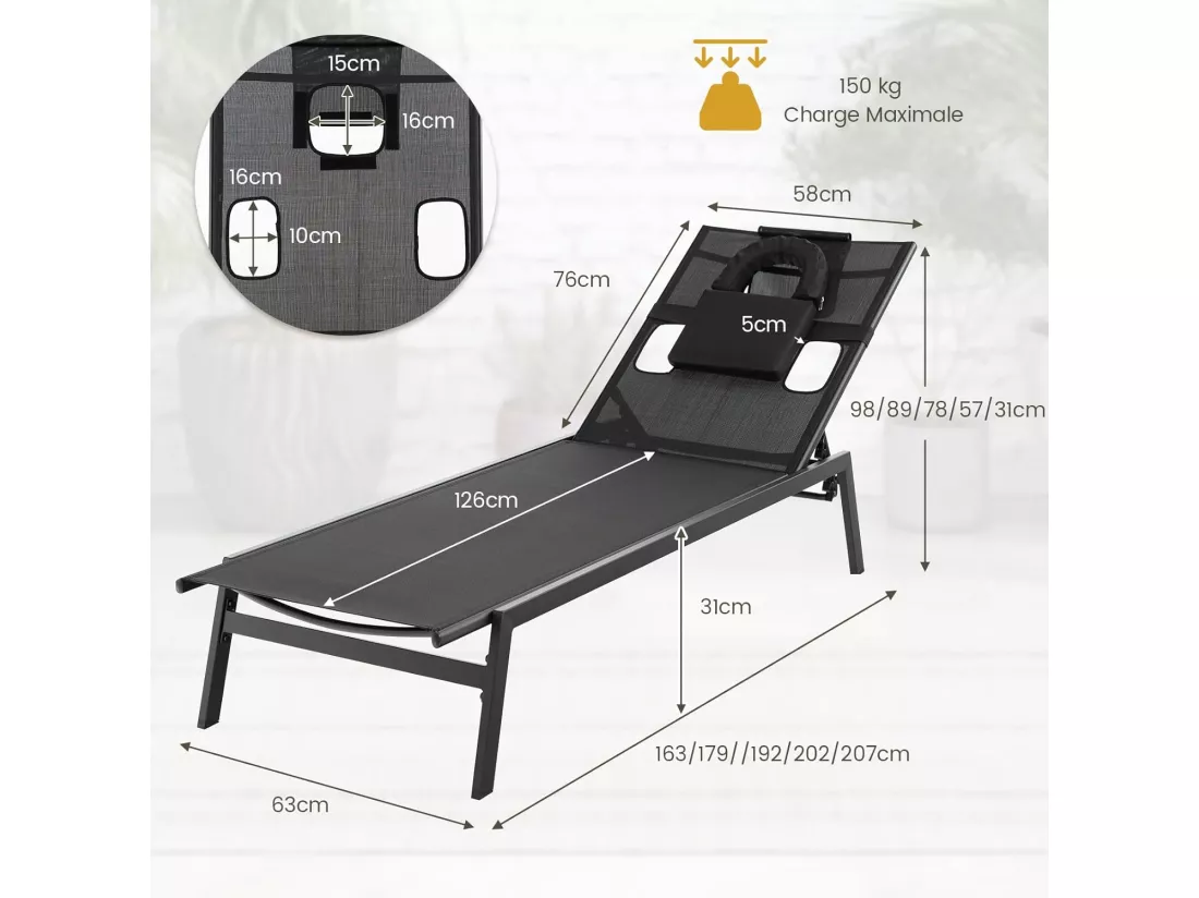 Chaise Longue Pliante, Bain de Soleil en Cadre Métallique, Chaise Longue d'Extérieur avec Trou et Oreillers Amovibles, Transat de Jardin Réglable à 5 Positions pour Piscine, Jardin, Patio